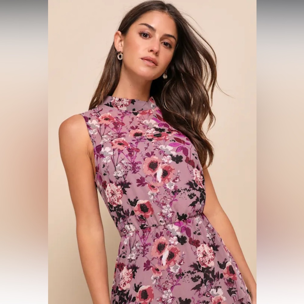 Lulus In My Dreams Mauve Floral Print Midi Dress High Neck A Line Size XL - Picture 4 of 6